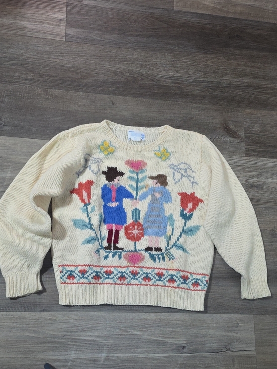 Deans Of Scotland Sweaters - Rare Vintage Cream Crewneck Sweater with Folk-Art Couple Motif. Flaws In Picture